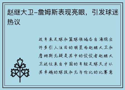 赵继大卫-詹姆斯表现亮眼，引发球迷热议